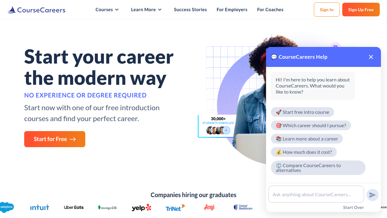 A screenshot of the Coursecareers homepage, highlighting its offerings for entry-level tech jobs without requiring a degree.