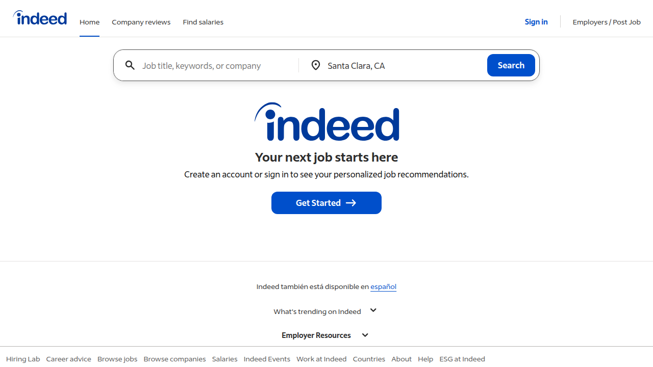 A screenshot of the Indeed job search platform homepage, showcasing its user interface for finding local and immediate job openings.