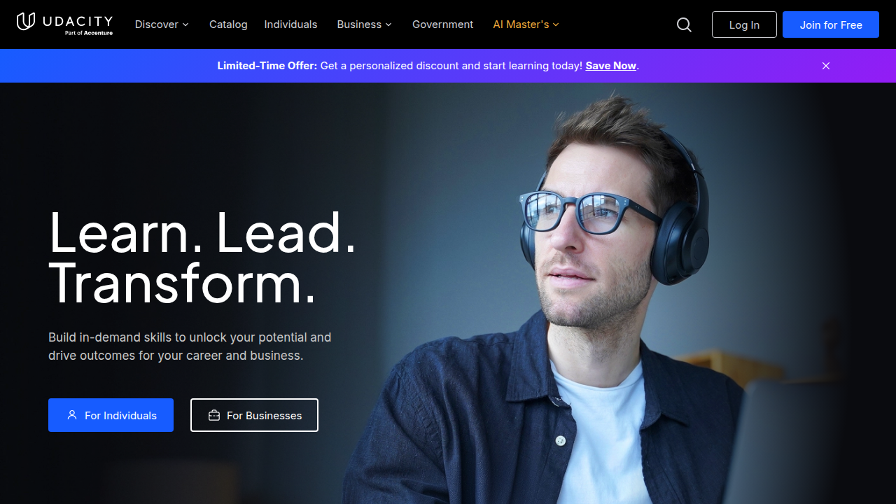 A screenshot of the Udacity online learning platform homepage, showcasing its programs for in-demand digital and tech skills.