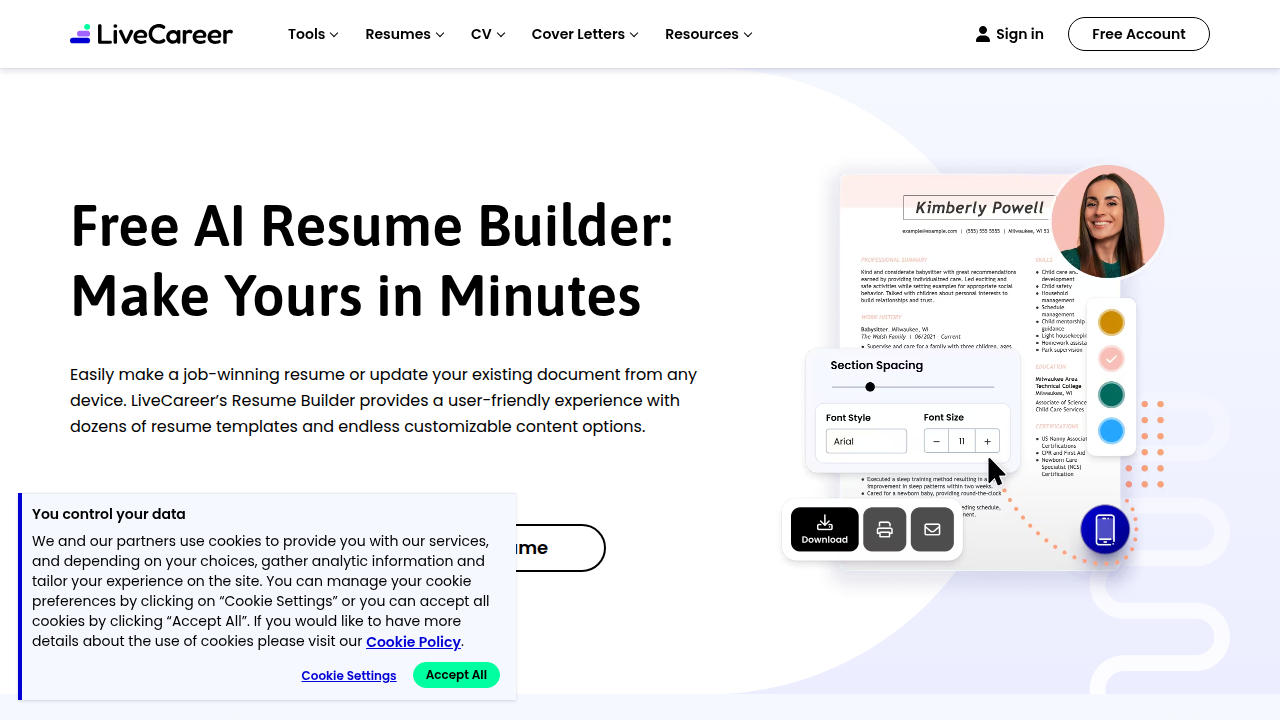 A screenshot of the LiveCareer homepage, showcasing its resume builder and career resources.
