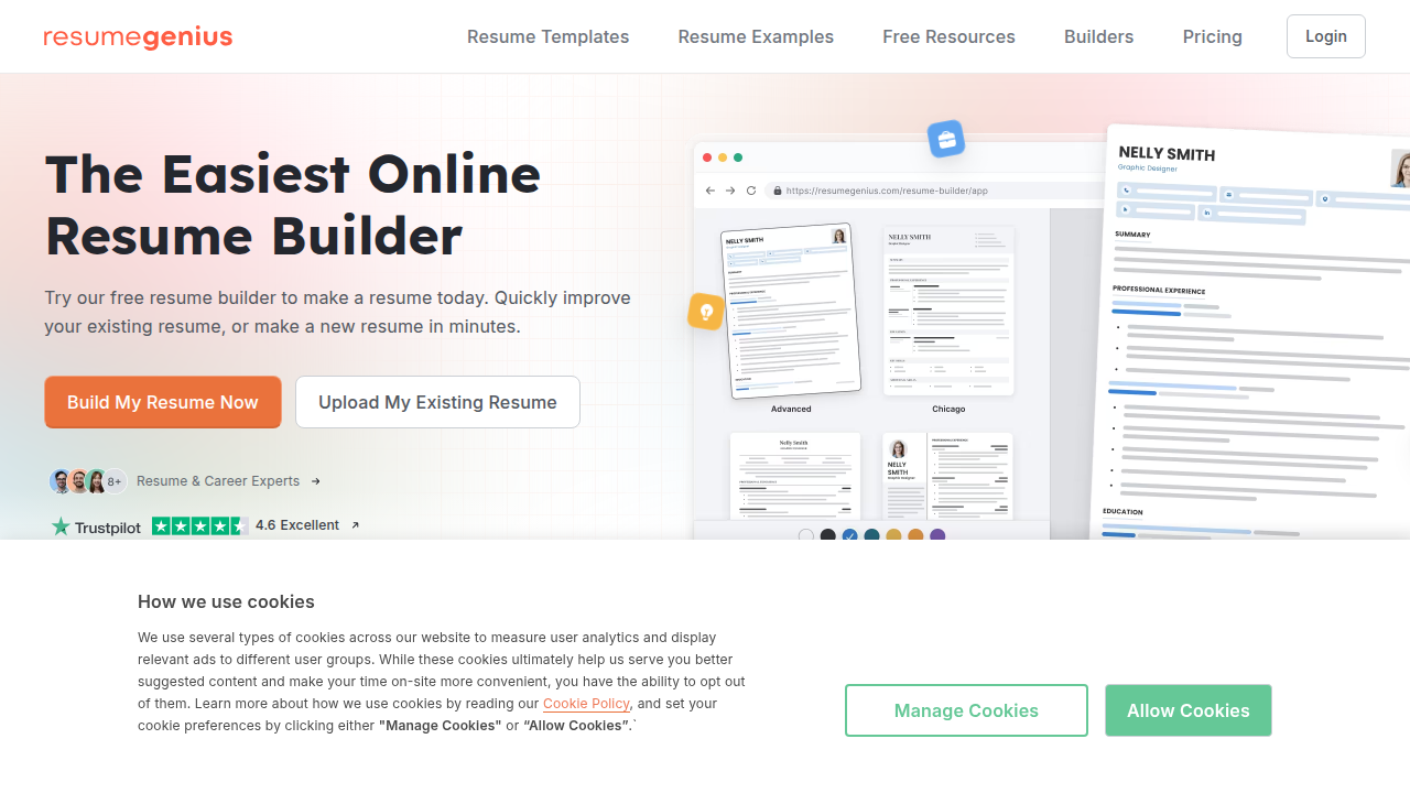 A look at the Resume Genius homepage, a key competitor in the resume builder market.
