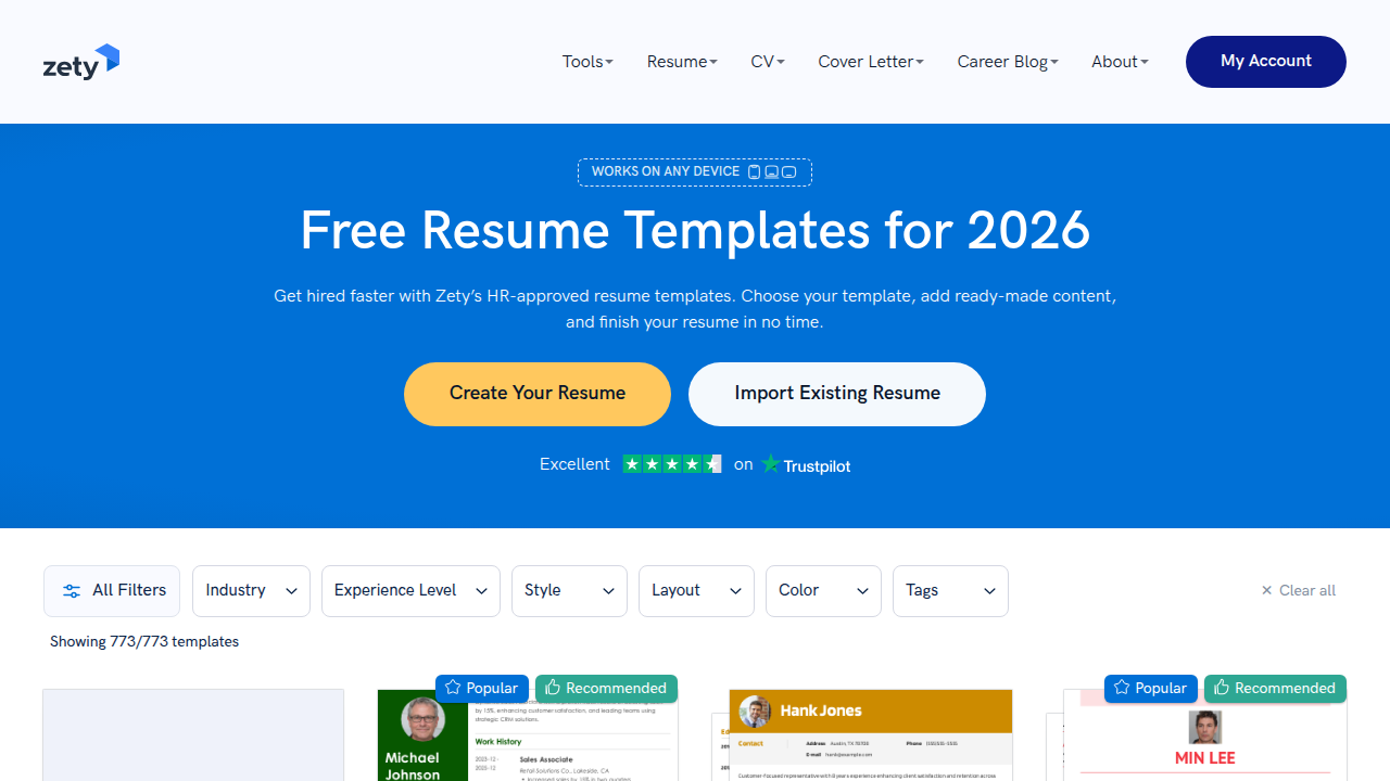 The Zety resume builder website, another major player offering resume creation services.