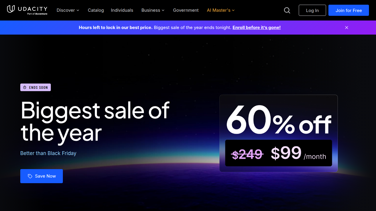 Screenshot of the Udacity homepage, a platform offering nanodegree programs for in-demand tech skills.